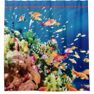 Cortina Para Chuveiro Escola de peixes tropicais no recife do oceano