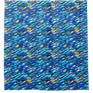 Cortina Para Chuveiro Escola dos peixes, azul escuro, brancos, turquesa