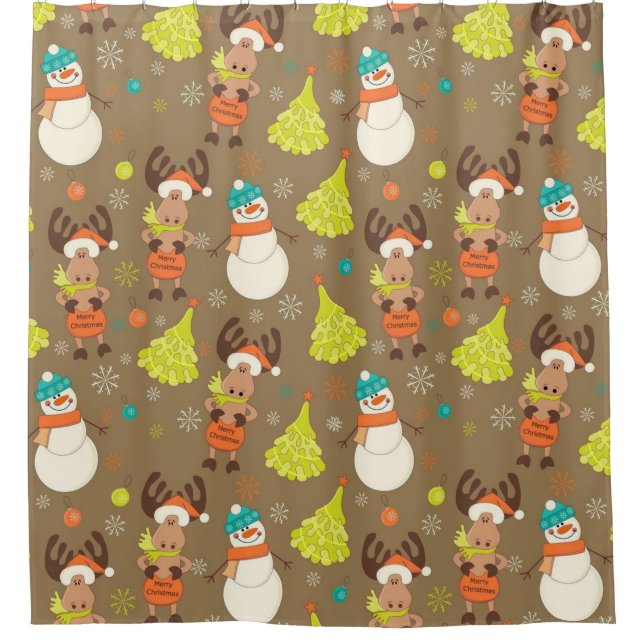 Cortina Para Chuveiro Feliz Natal Moose E Snowman (Frente)