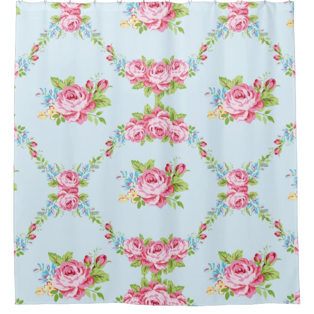 Cortina Para Chuveiro festão de rosas do chique, azul, victorian, (Frente)