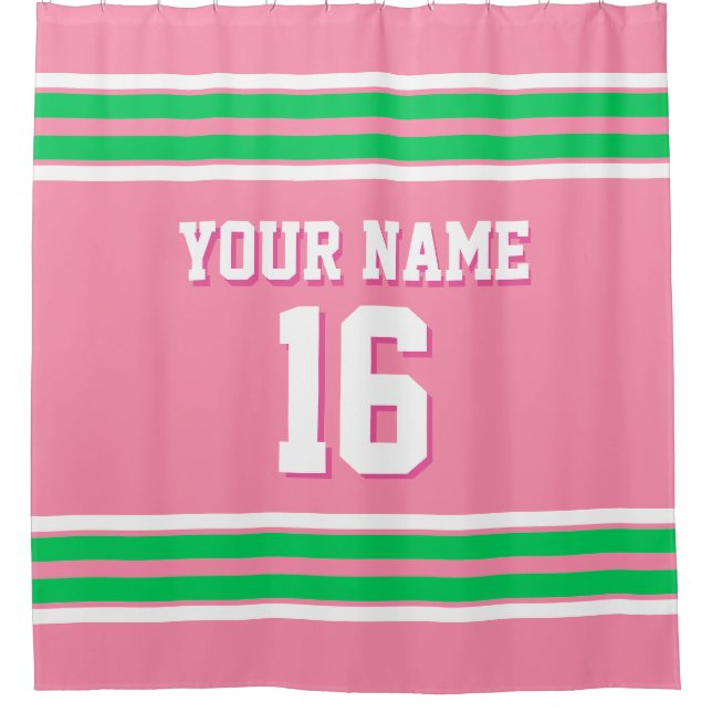 Cortina Para Chuveiro Flamingo Pink Emerald Green Stripes Sports Jersey (Frente)