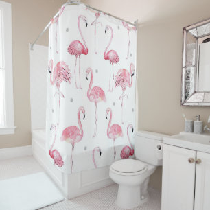 Cortina Para Chuveiro Flamingos Rosa Pontos Cinza Chic Tropical