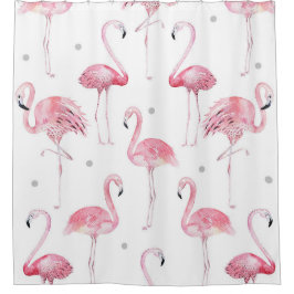 Cortina Para Chuveiro Flamingos Rosa Pontos Cinza Chic Tropical