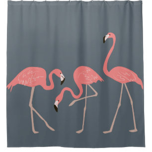 Cortina Para Chuveiro Flamingos Rosa Tropicais No Fundo Da Cinza