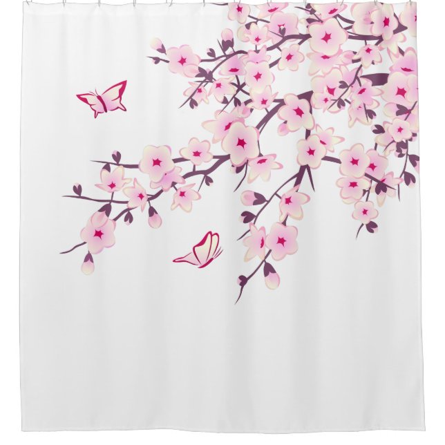 Cortina Para Chuveiro Floral Cherry Blossomo Branco Rosa (Frente)