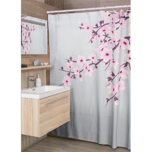 Cortina Para Chuveiro Floral Cherry Blossoms Gray Pink