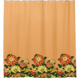 Cortina Para Chuveiro Floral Japonês Fronteira, Laranja Mandarin e Doura