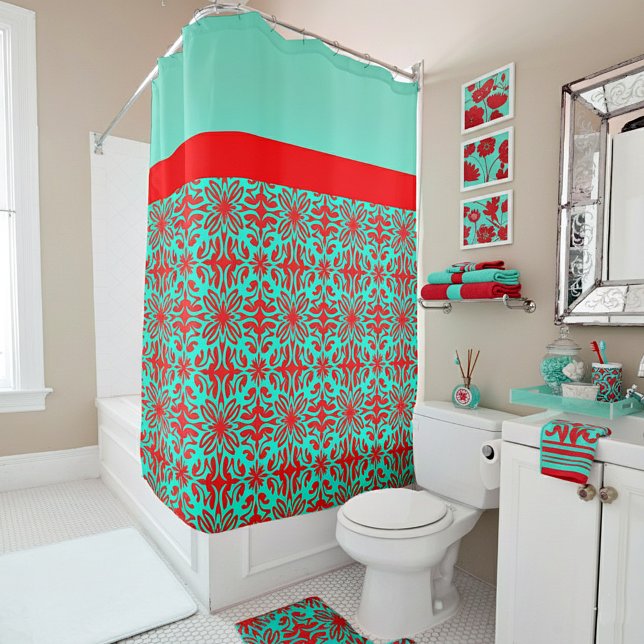 Cortina Para Chuveiro Floral vermelho e azul-turquesa (Criador carregado)