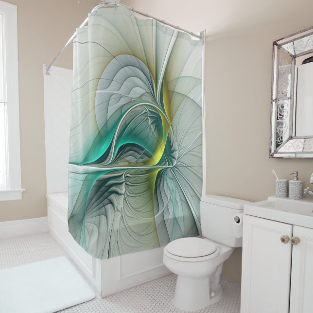 Cortina Para Chuveiro Fractal Teal De Turquoise Com Ouro Hipnótico (In Situ)