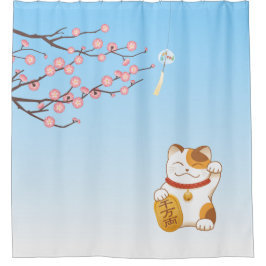 Cortina Para Chuveiro Gato Sortudo Japonês Calico Maneki Neko