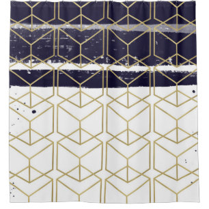 Cortina Para Chuveiro Hexágono Moderno Azul Marinho Dourado Geométrico G