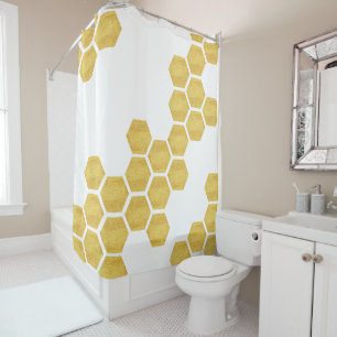Cortina Para Chuveiro Hexágonos Dourados & brancos Matte elegantes
