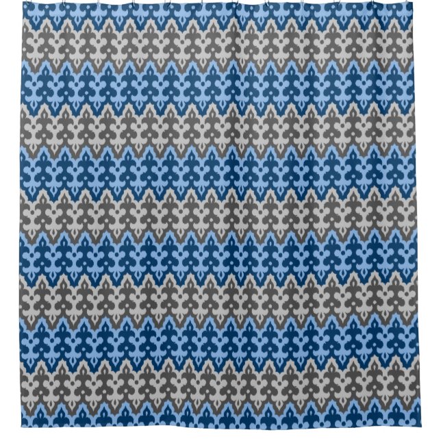 Cortina Para Chuveiro Ikat Damask, Blue e Cinzas / Cinza marroquino (Frente)