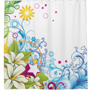 Cortina Para Chuveiro Jardim Floral Funky com Flores de Lírio e Estrela