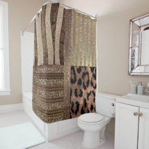 Cortina Para Chuveiro Lioness Safari Chic Jungle Moderno Dourado Sparkle