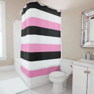 Cortina Para Chuveiro Listras pretas, brancas e rosadas