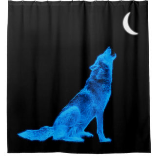 Cortina Para Chuveiro Lobo azul que urra na lua