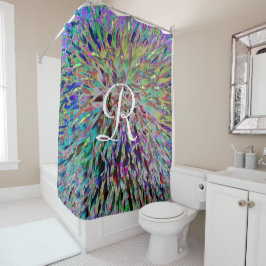 Cortina Para Chuveiro Macro Floral Retro-Abstrato com Monograma Branco