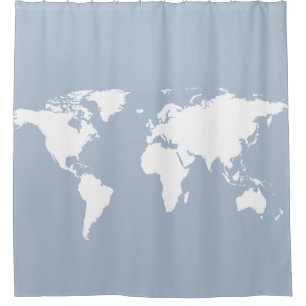 Cortina Para Chuveiro mapa do mundo branco com azul pálido