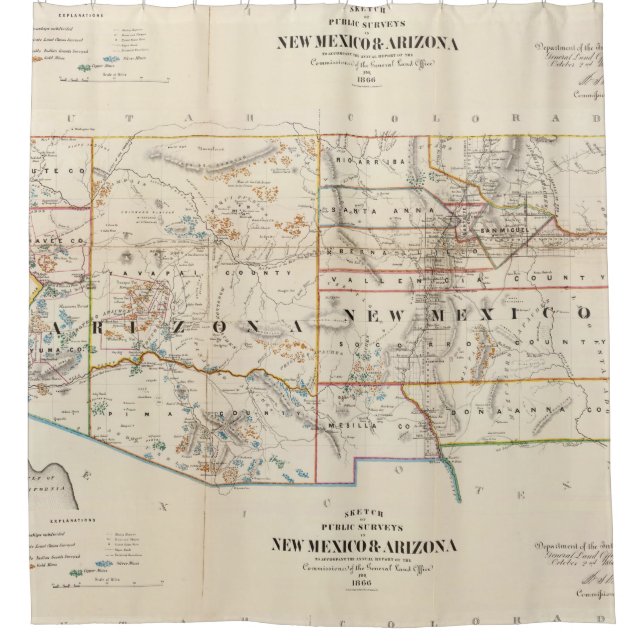 Cortina Para Chuveiro Mapa do vintage da arizona e do New mexico (1866) (Frente)