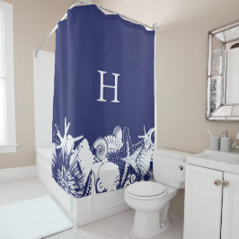 Cortina Para Chuveiro Marinho do Designer Blue & White Artsy Seashells B