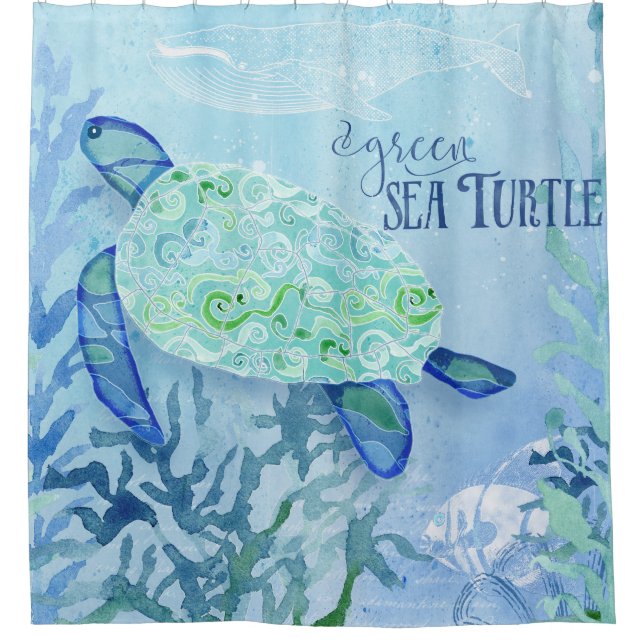 Cortina Para Chuveiro Modern Pattern Beach Sea Turtle Whale Art (Frente)