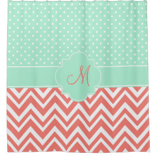 Cortina Para Chuveiro Monograma Chevron coral com teste padrão de