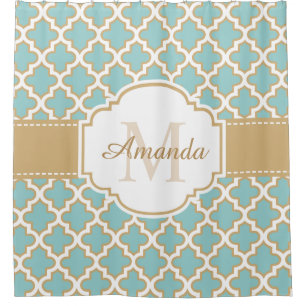 Cortina Para Chuveiro Monograma de traição marroquina azul-de-chá Dourad