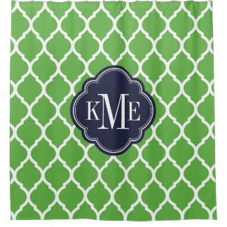 Cortina Para Chuveiro Monograma do Quatrefoil de Marrocos verde e Marinh