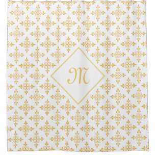 Cortina Para Chuveiro Monograma luxuoso branco e Quatre Dourado floral