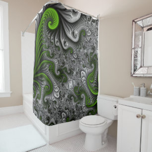 Cortina Para Chuveiro Mundo Fantástico Arte Fractal Abstrata Verde e Cin