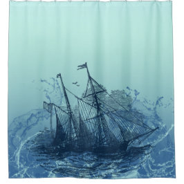 Cortina Para Chuveiro Náutico - navio azul