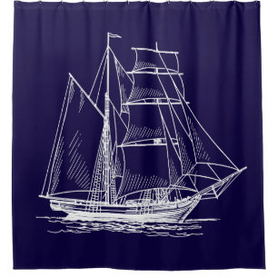 Cortina Para Chuveiro Navio azul do barco de vela da cortina de chá
