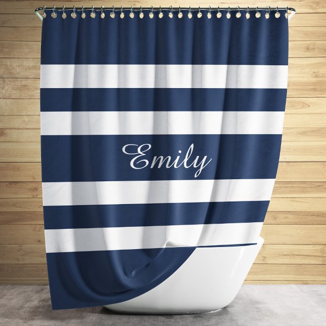 Cortina Para Chuveiro Nome das faixas azuis modernas (Modern Blue Stripes Name Shower Curtain)