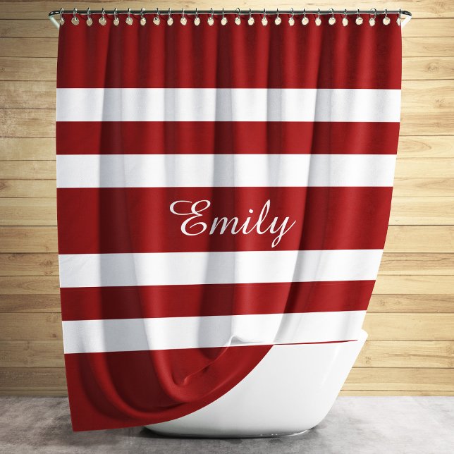 Cortina Para Chuveiro Nome Vermelho E Branco Moderno Strike (Modern Red Stripes Pattern Shower Curtain)