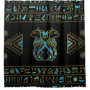 Cortina Para Chuveiro Ouro dos gatos egípcios e vitral azul