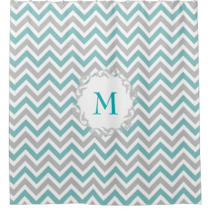 Cortina Para Chuveiro Padrão Chevron de Teal e Cinza com Monograma Perso