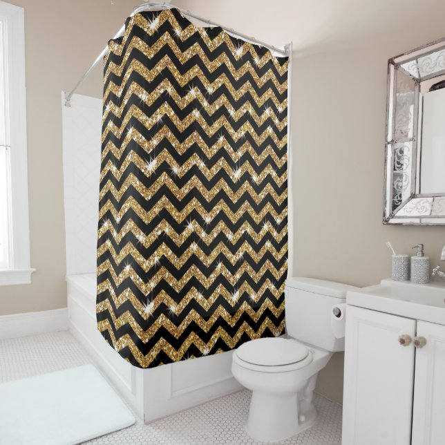 Cortina Para Chuveiro Padrão Chevron preto e Dourado (In Situ)