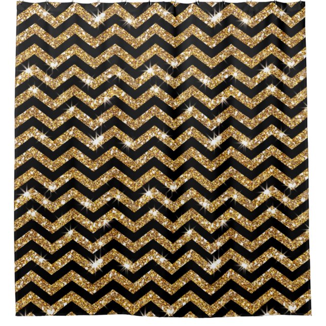Cortina Para Chuveiro Padrão Chevron preto e Dourado (Frente)