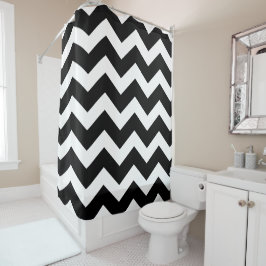 Cortina Para Chuveiro Padrão de Chevron Grande Preto e Branco