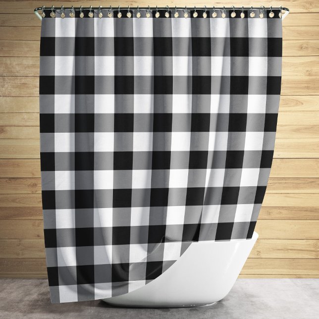 Cortina Para Chuveiro Padrão De Gingham Branco E Preto Verificado (Classic Black And White Plaid Gingham Shower Curtain)