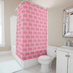 Cortina Para Chuveiro Padrão de Silhuetas de Porco Rosa
