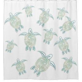 Cortina Para Chuveiro Padrão de Tartarugas Marinhas Branco Verde Náutico