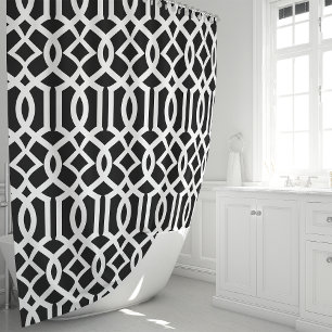 Cortina Para Chuveiro Padrão de Treliça Marroquina Preto e Branco