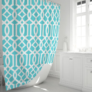 Cortina Para Chuveiro Padrão de Treliça Marroquino Turquesa e Branco