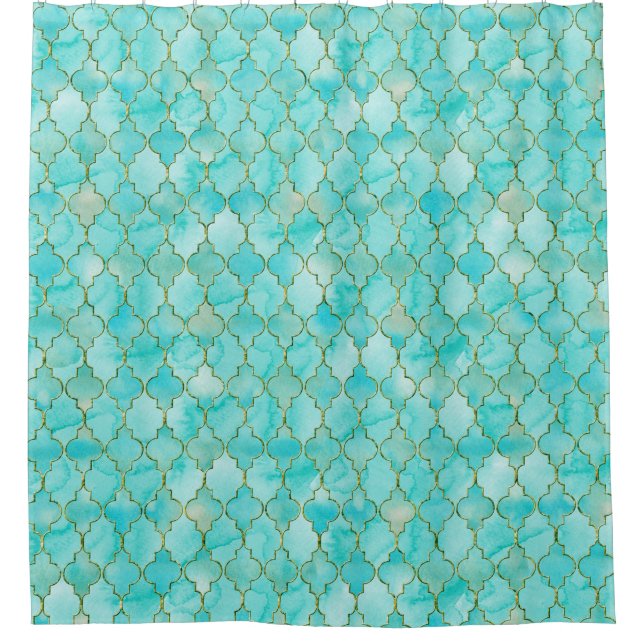 Cortina Para Chuveiro Padrão Dourado e Aqua Maroccan (Frente)