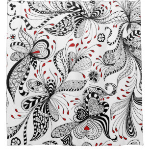 Cortina Para Chuveiro Padrão Floral preto e vermelho