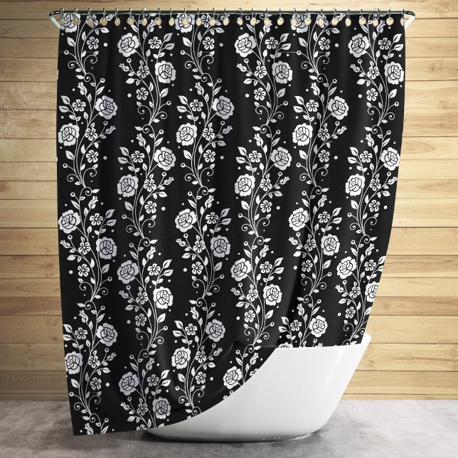 Cortina Para Chuveiro Padrão Floral Preto Elegante (Elegant Black Floral Pattern Shower Curtain)