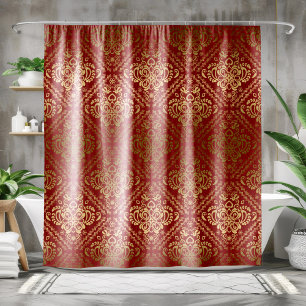 Cortina Para Chuveiro Padrão Geométrico do Damasco Floral Vermelho e Dou