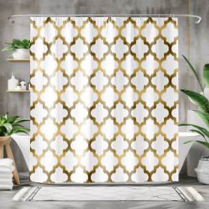 Cortina Para Chuveiro Padrão Geométrico Dourado do Quatrefoil Ikat